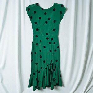 Vintage‎ Green Polka Dot Dress Ruffle Hem Button Back Midi Party Career Women 5
